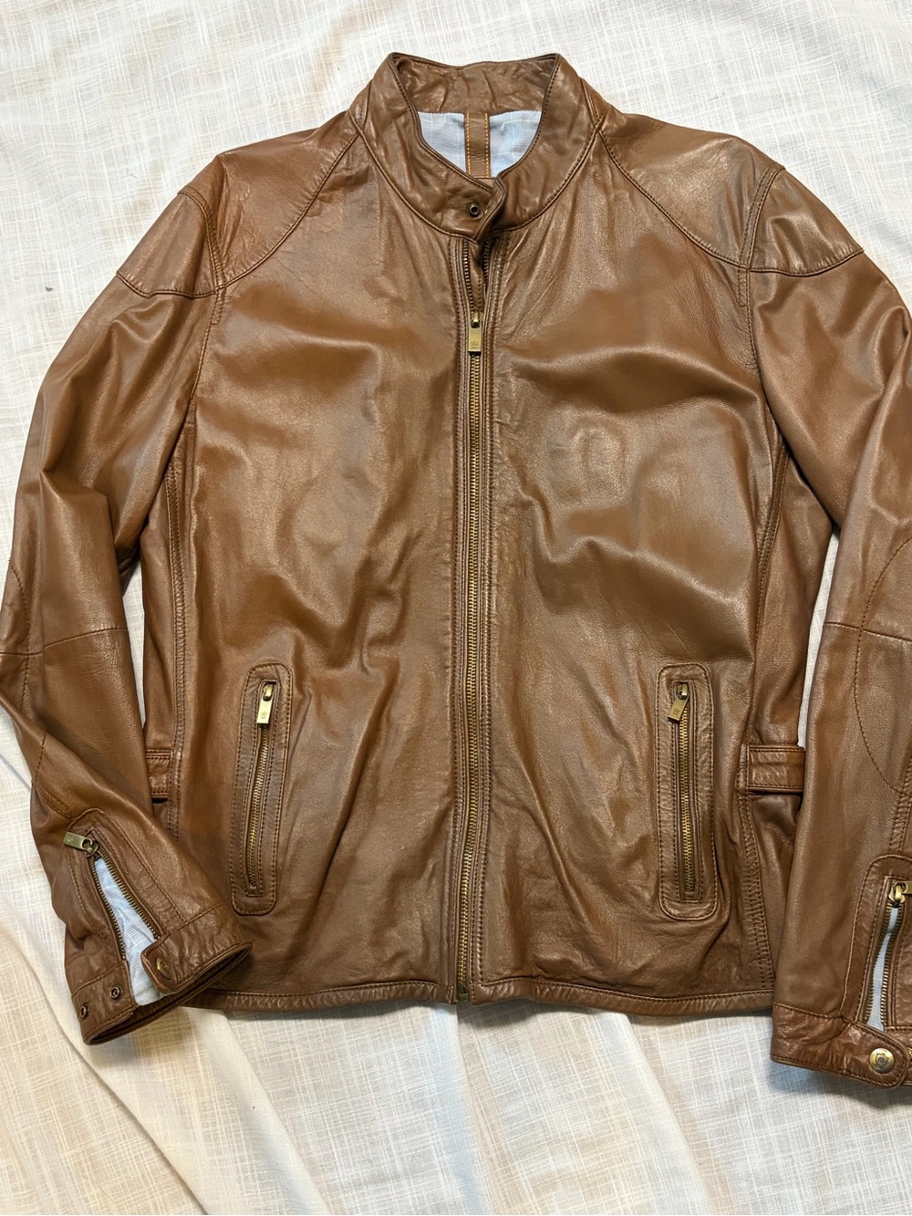 Massimo Dutti xl Men's Brown Leather Zip Moto Jacket